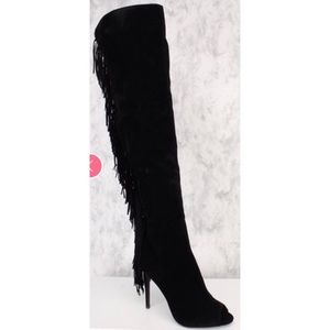 Peep toe over the knee fringe boots